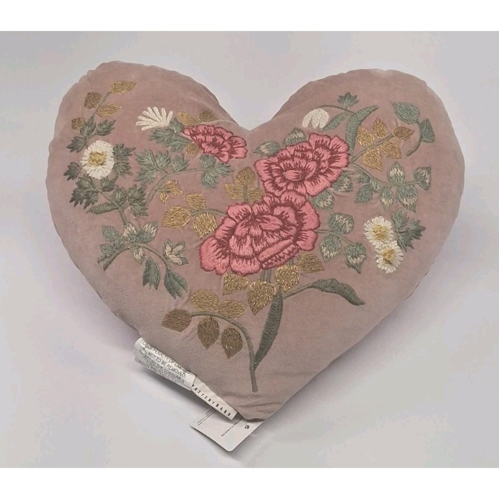 Pottery Barn Embroidered Heart Shaped Pillow- Rose w/ Flowers